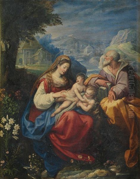 The Holy Family With The Infant Saint John The Baptist In A Carved 19th Century Florentine Frame Oil Painting by Jacopo Zucchi