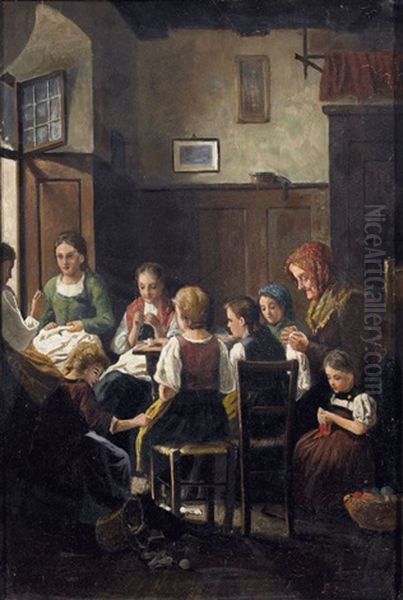 Interieur Mit Stickenden Und Strickenden Frauen Und Madchen Oil Painting by Luigi Zuccoli