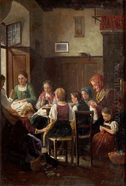 Grossmutter, Mutter Und Kinder Bei Der Handarbeit Oil Painting by Luigi Zuccoli