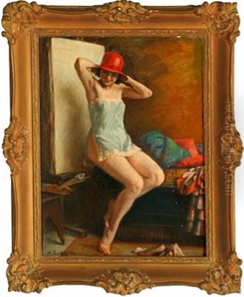 Young Model With A Red Hat Oil Painting by Walter Zuchors