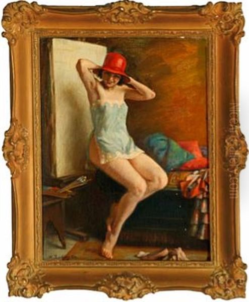 Young Model With A Red Hat Oil Painting by Walter Zuchors