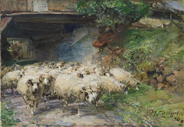 Flock Of Sheep In Front Of The Wolkenhof Oil Painting by Heinrich von Zuegel