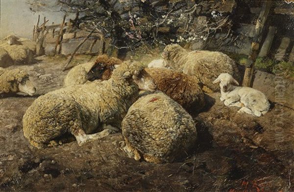 Sheep Herd Scene Oil Painting by Heinrich von Zuegel