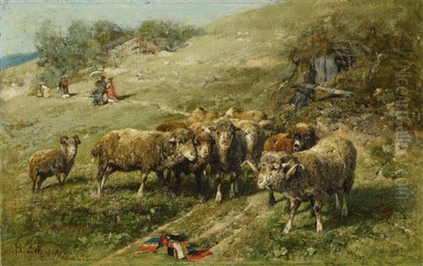 Sheep And Walkers In The Background Oil Painting by Heinrich von Zuegel