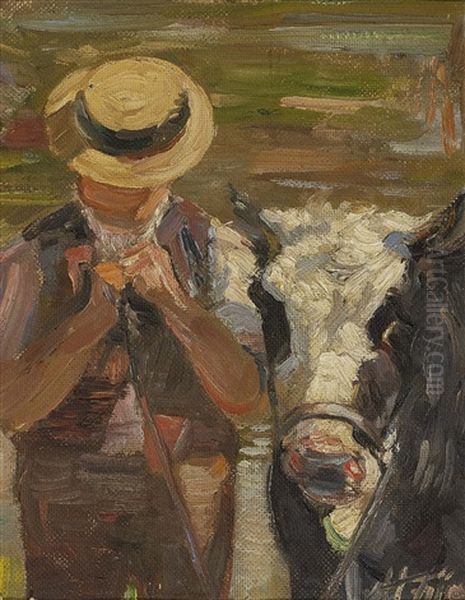 Shepherd Boy With Young Cattle Oil Painting by Heinrich von Zuegel