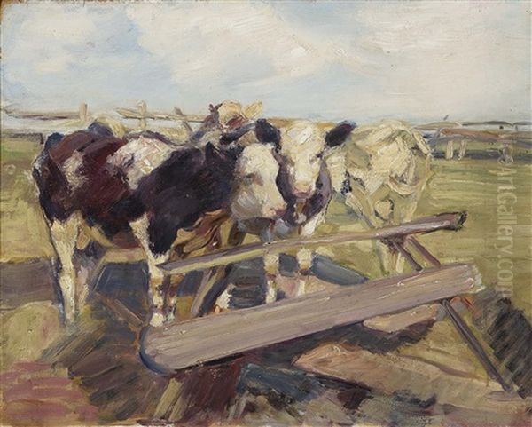 Young Cattle At The Watering. Oil Painting by Heinrich von Zuegel