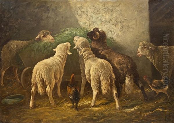 Sheep In A Barn Oil Painting by Heinrich von Zuegel