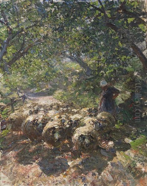 Schafherde Mit Hirtin Im Schattigen Hohlweg Oil Painting by Heinrich von Zuegel