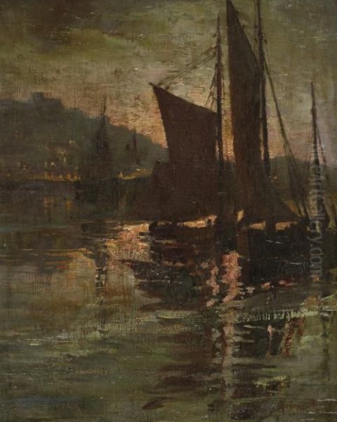 Harbour By Moonlight Oil Painting by Robert Brough