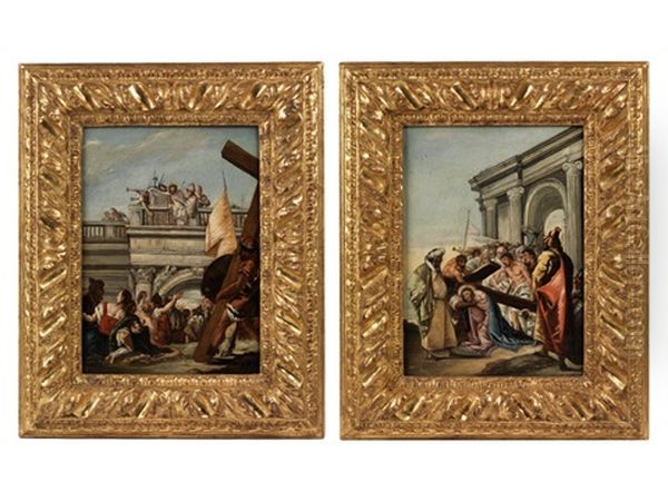 Der Gefangen Genommene Jesus Wird Dem Volk Vorgefuhrt (+ Jesus Wird Das Kreuz Aufgelegt (pair) Oil Painting by Francesco Zugno the Younger