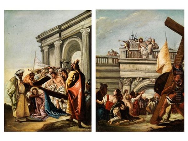 Jesus Wird Das Kreuz Aufgelegt (+ Der Gefangen Genommene Jesus Wird Dem Volk Vorgefuhrt; Pair) Oil Painting by Francesco Zugno the Younger