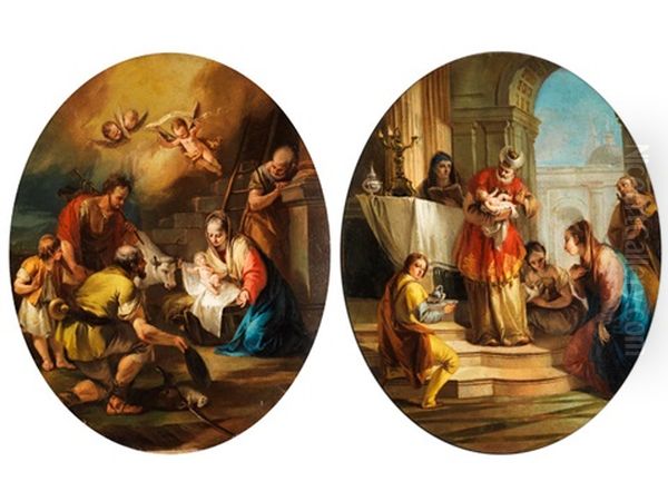 Anbetung Des Kindes Im Stall Von Bethlehem (+ Darbringung Im Tempel; Pair) Oil Painting by Francesco Zugno the Younger