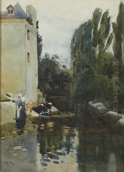 Washerwomen By The Stream Oil Painting by Robert Brough