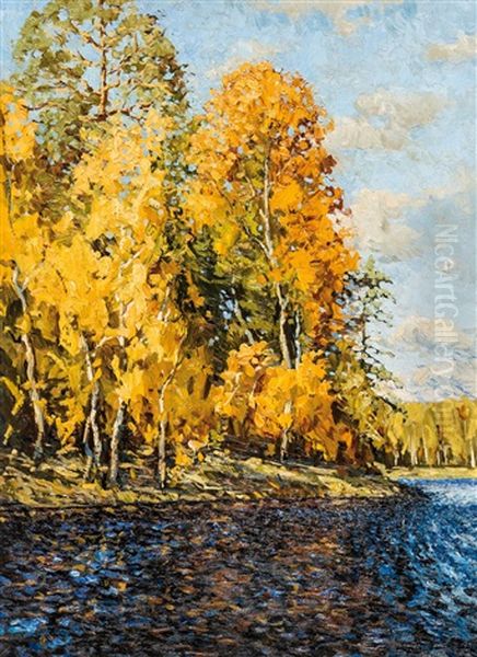 Impressionistic Riparian Landscape In Autumn Oil Painting by Stanislaw Zukowski