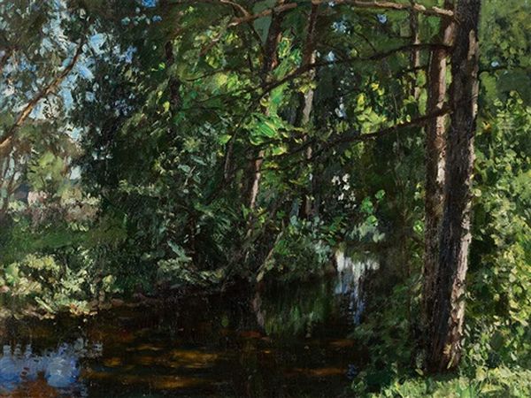 River In The Forest Oil Painting by Stanislaw Zukowski