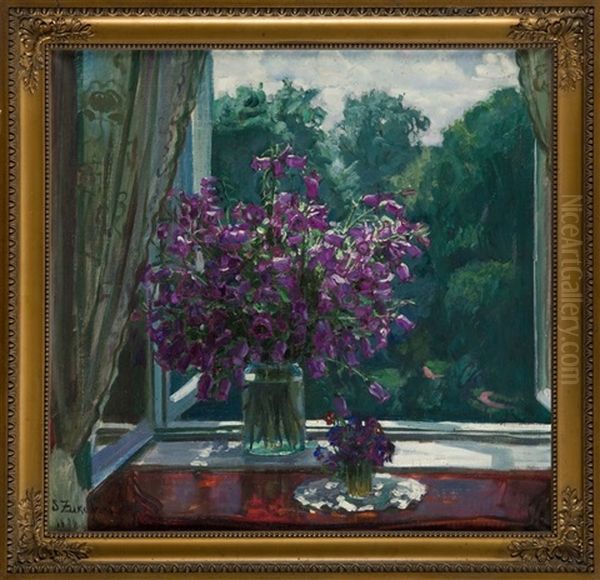 Campanula In Window Oil Painting by Stanislaw Zukowski