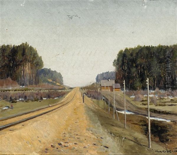 Landschaft Mit Der Eisenbahn Im Bau Oil Painting by Stanislaw Zukowski