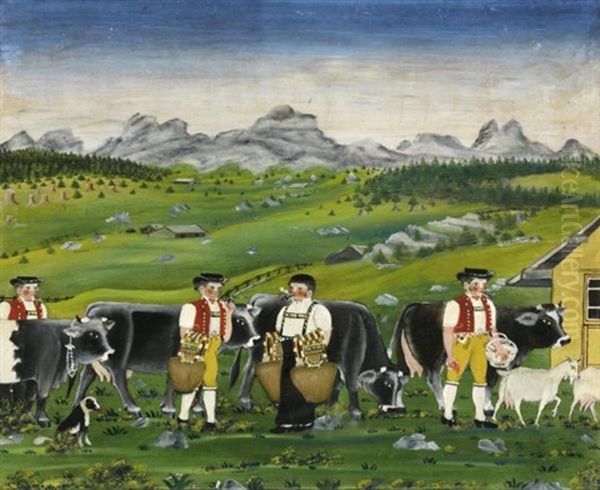 Vier Sennen, Zwei Beim Schellen Schutteln (four Senns, Two Ringing Bells) Oil Painting by Johannes Zuelle