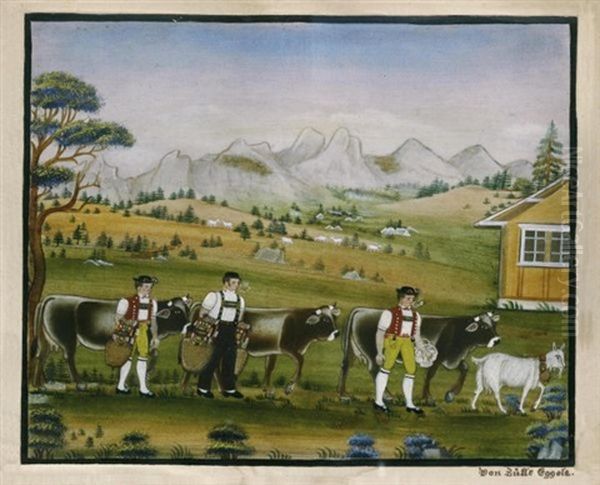 Drei Sennen, Zwei Beim Schellen Schutteln (three Senns, Two Ringing Bells) Oil Painting by Johannes Zuelle