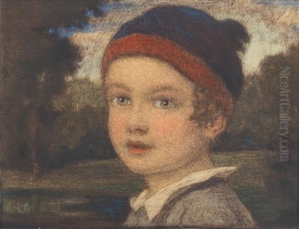 A Portrait Of A Boy With A Cap In A Landscape Oil Painting by Ludwig Von Zumbusch