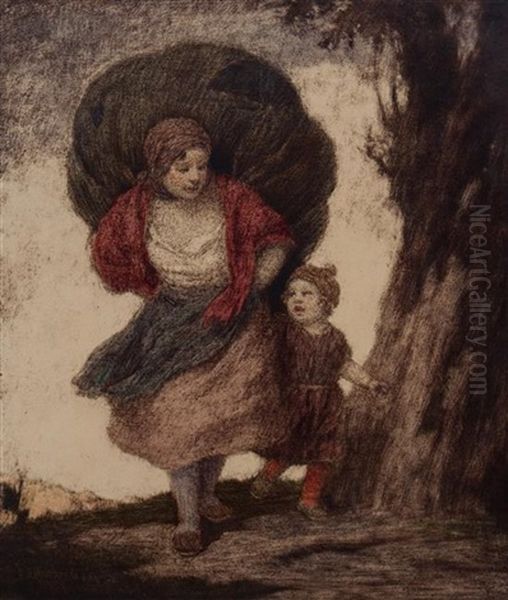 Mother And Child On The Road Oil Painting by Ludwig Von Zumbusch