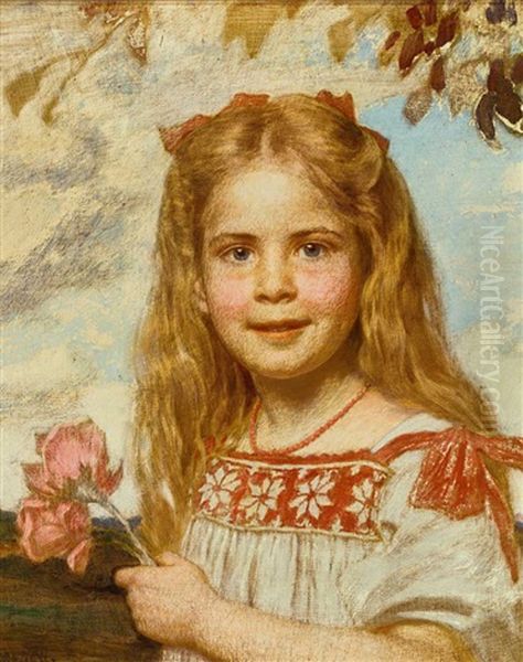 Kinderportrait Der Gabriele Troeltsch Mit Korallenkette Und Blumen In Der Hand Oil Painting by Ludwig Von Zumbusch