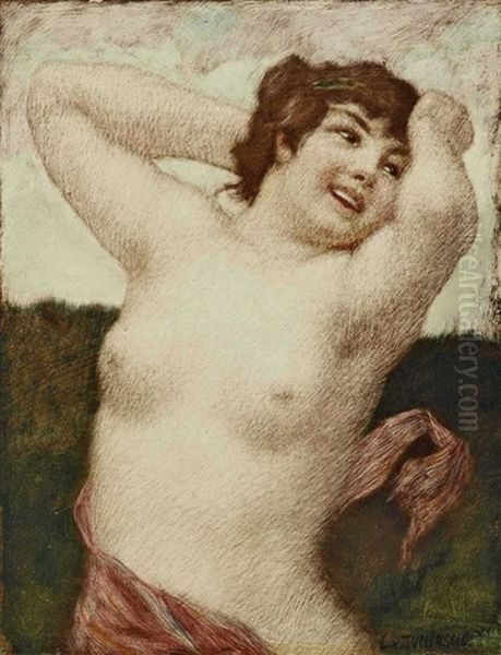 Halbakt Einer Lachenden Jungen Frau Oil Painting by Ludwig Von Zumbusch