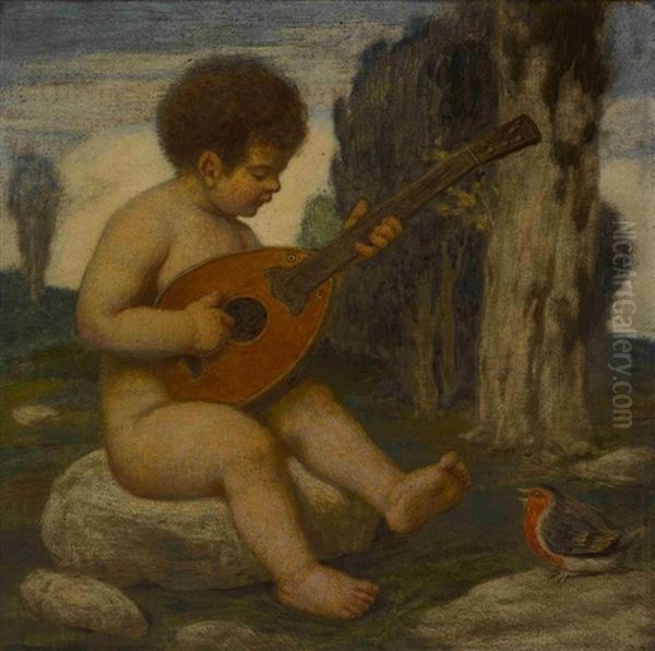 Musizierender Putto Oil Painting by Ludwig Von Zumbusch