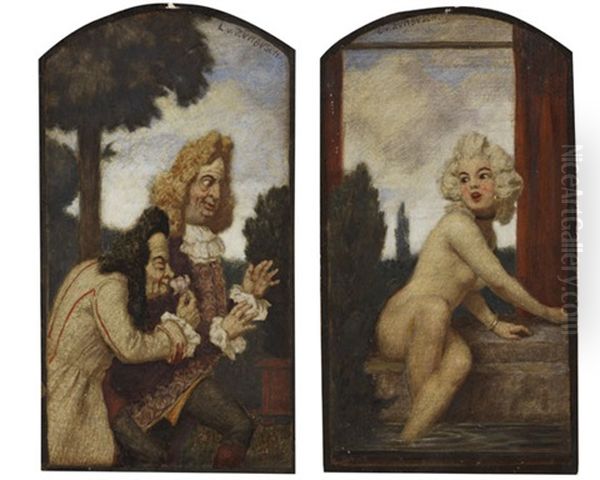 2 Gemalde: Mademoiselle Susanna Im Bade (pair) Oil Painting by Ludwig Von Zumbusch