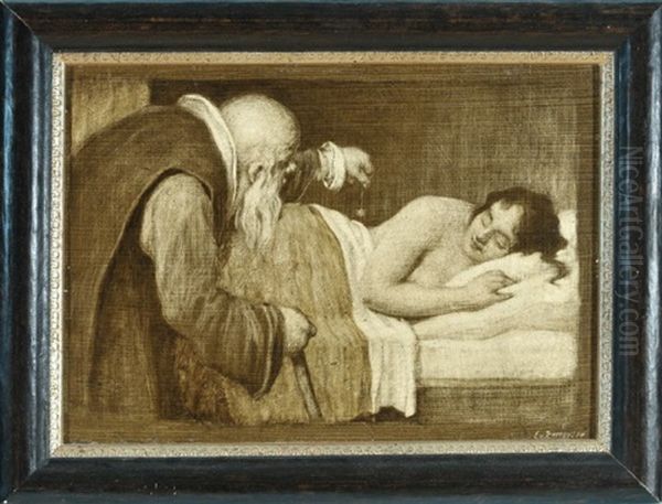 Alter, Bartiger Mann Mit Spinne Am Bett Einer Schlafenden Frau Oil Painting by Ludwig Von Zumbusch