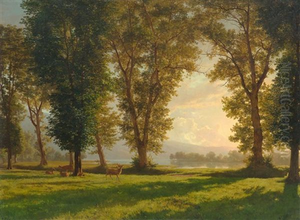 A Wooded Landscape With Stag And Deer Oil Painting by Robert Zuend