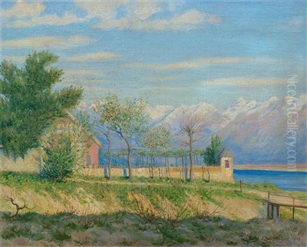 Mountain Landscape By A Lake, Probably Ticino Oil Painting by Ernst Theodor Zuppinger