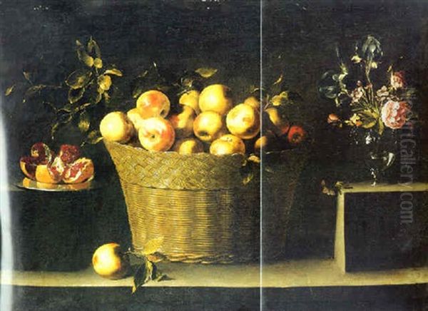 Apples In A Wicker Basket With Pomegranates On A Silver Plate And Flowers In A Glass Vase On A Stone Ledge Oil Painting by Juan de Zurbaran