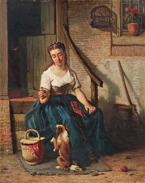 Junge Frau Mit Strickzeug, Einen Kleinen Hund Futternd Oil Painting by Frederik Willem Zurcher