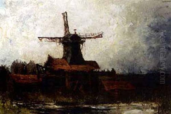 A Windmill In A Polder Landscape Oil Painting by Frederik Willem Zurcher