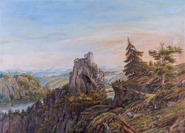 Krajina S Hradem A Mostem Oil Painting by Franz Bohumir Zverina