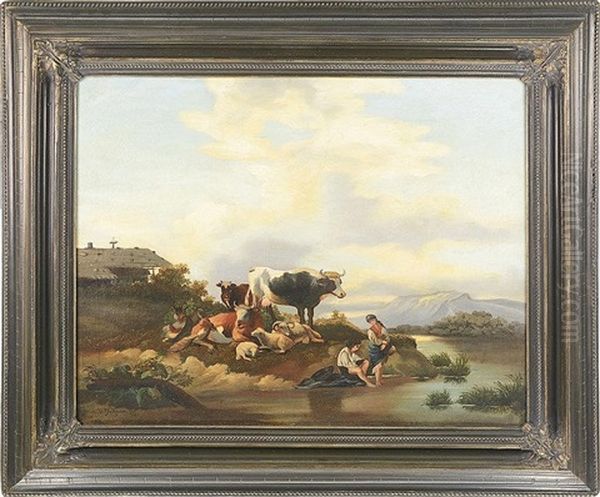 Shepherds In A Landscape With A Homestead Oil Painting by Franz Bohumir Zverina