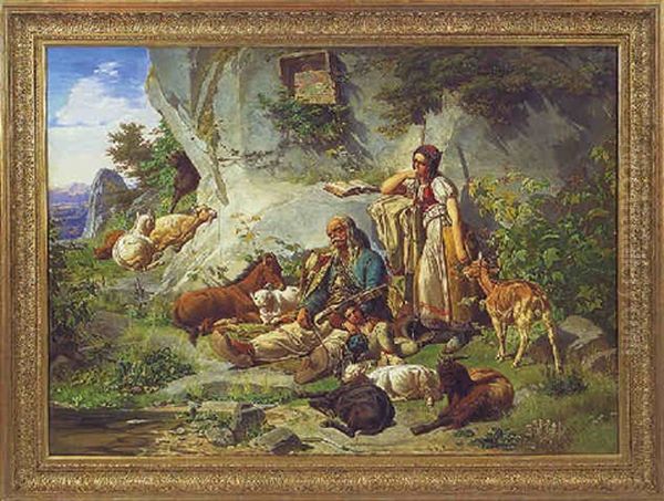 Chevriere Et Musicien Italian Au Pied D'un Oratoire Oil Painting by Franz Bohumir Zverina