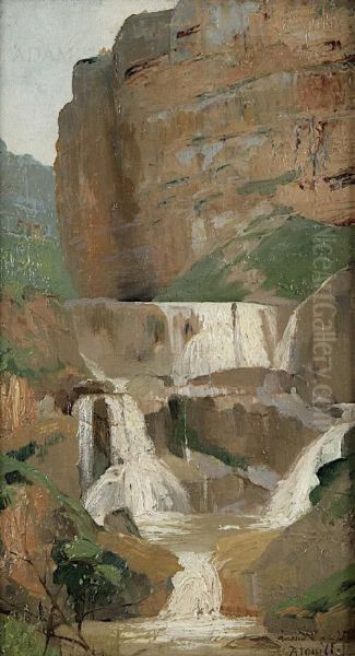 Style Of Pierre Andre Brouillet Rocky Waterfall Landscape Oil On Canvas, 32.5 X 17.5cm Signed Oil Painting by Pierre Andre Brouillet