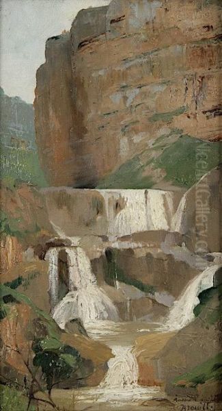 Rocky Waterfall Landscape Oil Painting by Pierre Andre Brouillet