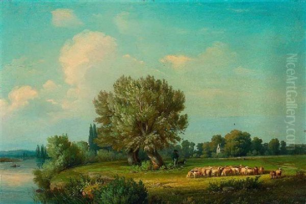 Schafherde Vor Flusslandschaft Oil Painting by Heinrich Zwecker