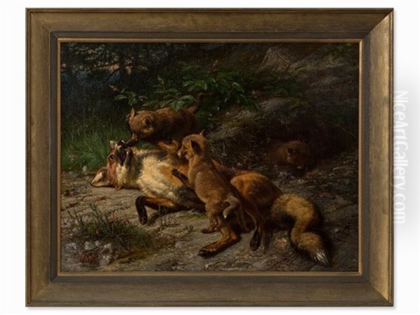 Playing Foxes Oil Painting by Johann-Baptist Zwecker