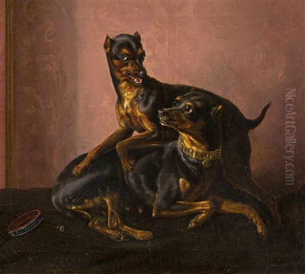 Zwei Zwergpinscher Oil Painting by Johann-Baptist Zwecker