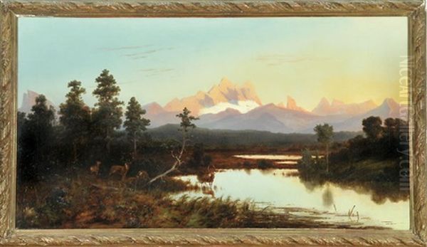 Hirsche In Moorlandschaft Vor Berggipfel Bei Sonnenaufgang Oil Painting by Anton Zwengauer the Elder