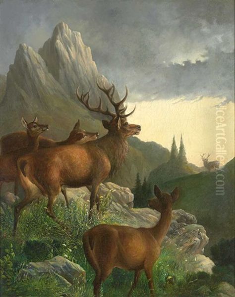 Rotwild Im Gebirge Oil Painting by Hubert Von Zwickle