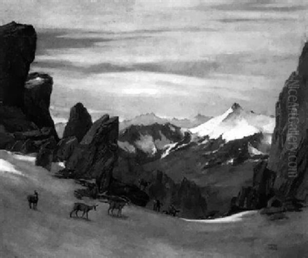 Gemsen Im Hochgebirge Oil Painting by Hubert Von Zwickle