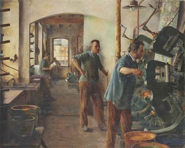 L'atelier De Papier Peint En Alsace Oil Painting by Marie Augustin Zwiller