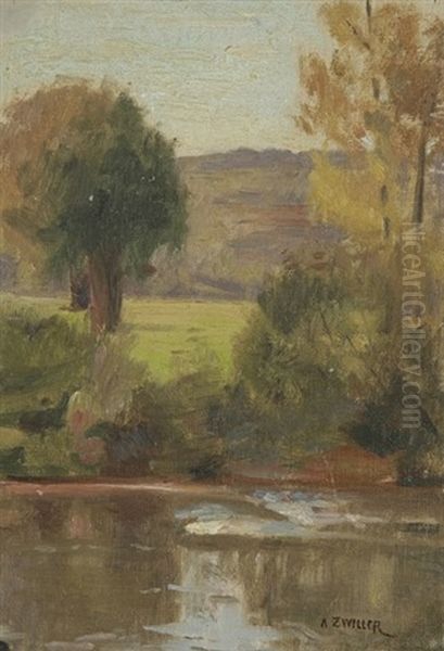 Paysage De Campagne - La Riviere (2 Works) Oil Painting by Marie Augustin Zwiller