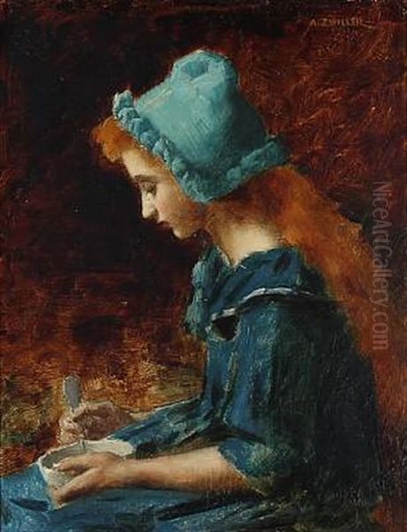 A Girls Sits With A Bowl In Her Hand Oil Painting by Marie Augustin Zwiller