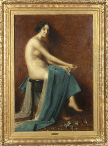 Sitzende Nackte Frau Mit Grunem Tuch, Aus Den Margeriten In Ihrer Linken Hand Sind Blutenblatter Und Bluten Auf Den Boden Gefallen Oil Painting by Marie Augustin Zwiller